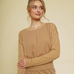MYSTREE Camel Ribbed Knit Top, Long Sleeve Top Minimalist